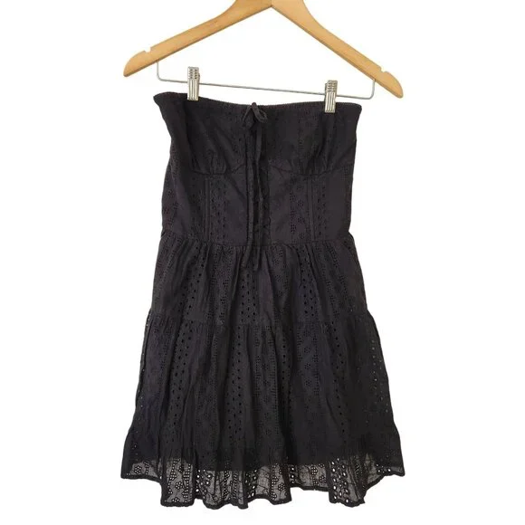 Edikted Liora Lacy Cotton Mini Dress Black Strapless Eyelet Ruffled Feminine - Picture 4 of 14